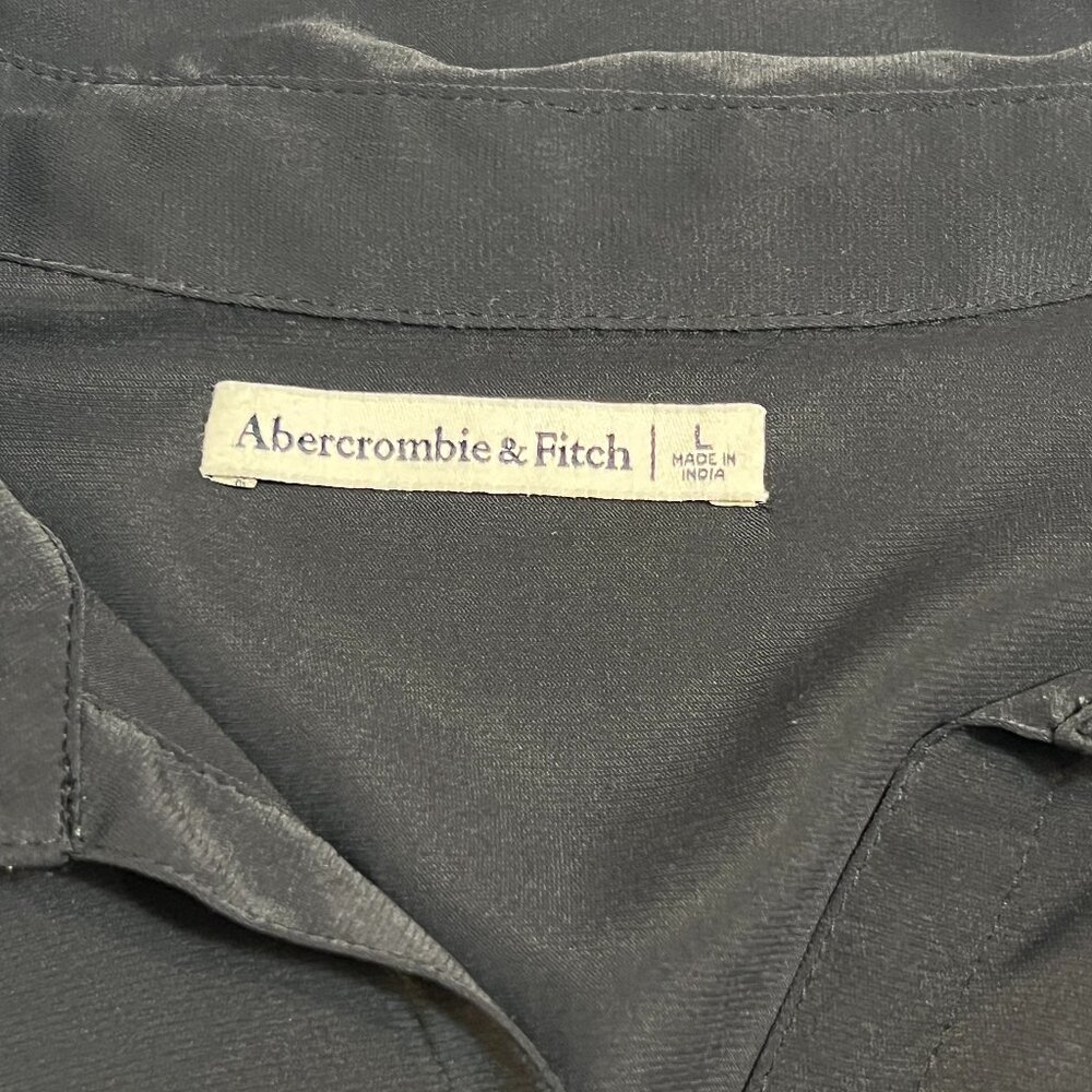 Abercrombie & Fitch Black Satin Knot‐Front Shirt Dress L | Long Sleeve Collared - Picture 4 of 10